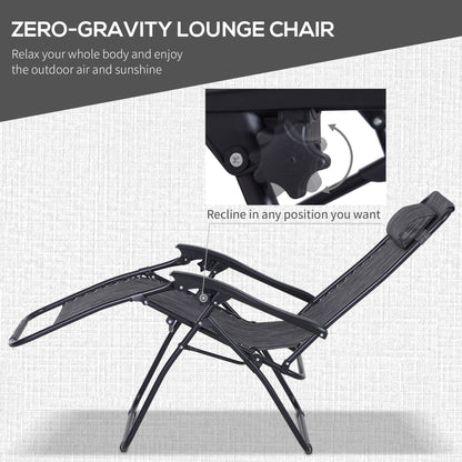 Outsunny 3pcs Folding Zero Gravity Chairs Sun Lounger Table Set w/ Cup Holders Reclining Garden Yard Pool, Light Grey