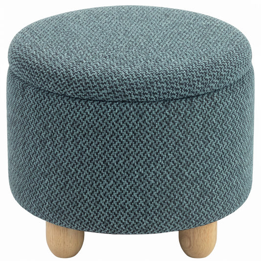 HOMCOM Storage Sitting Bench with Lid, Round Storage Ottoman with Rubberwood Legs, Dark Blue
