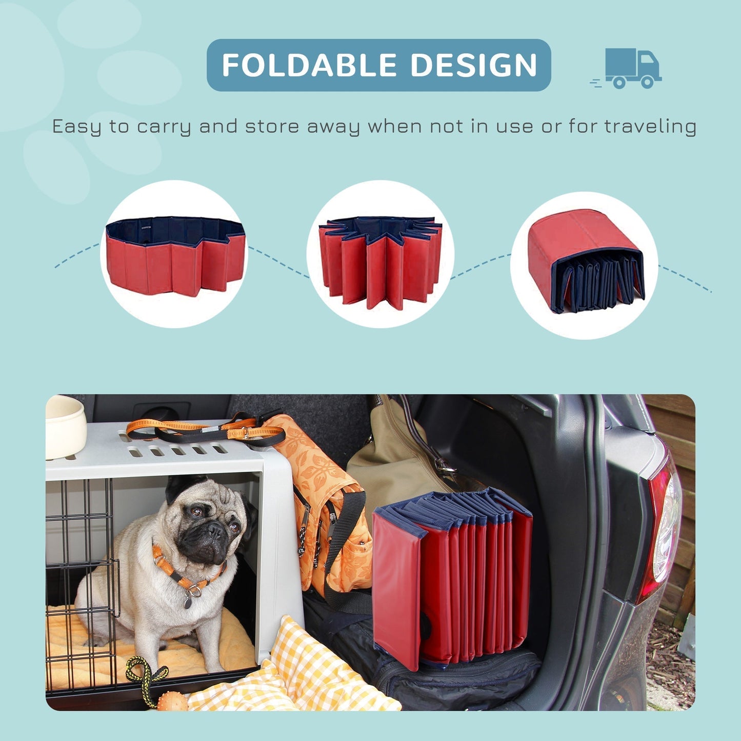 PawHut Foldable Dog Pool, 80 x 20 cm Pet Paddling Pool with Wood Board Support and Anti-Slip Bottom, Portable Doggy Paddling Pool for Garden and Outdoor Use, Red