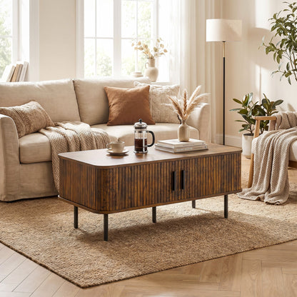 HOMCOM Coffee Table with Storage, Living Room Table with Slatted Tambour Sliding Doors and Foot Pads, Rectangular Coffee Table with Elevated Base for Living Room, Rustic Brown