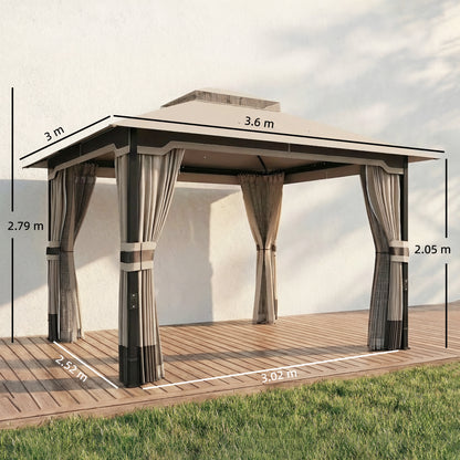 Outsunny 3 x 3.6 m Outdoor Garden Gazebo with Netting and Curtains, DoubleÂ Roof Patio Gazebo Permanent Pavilion, Khaki