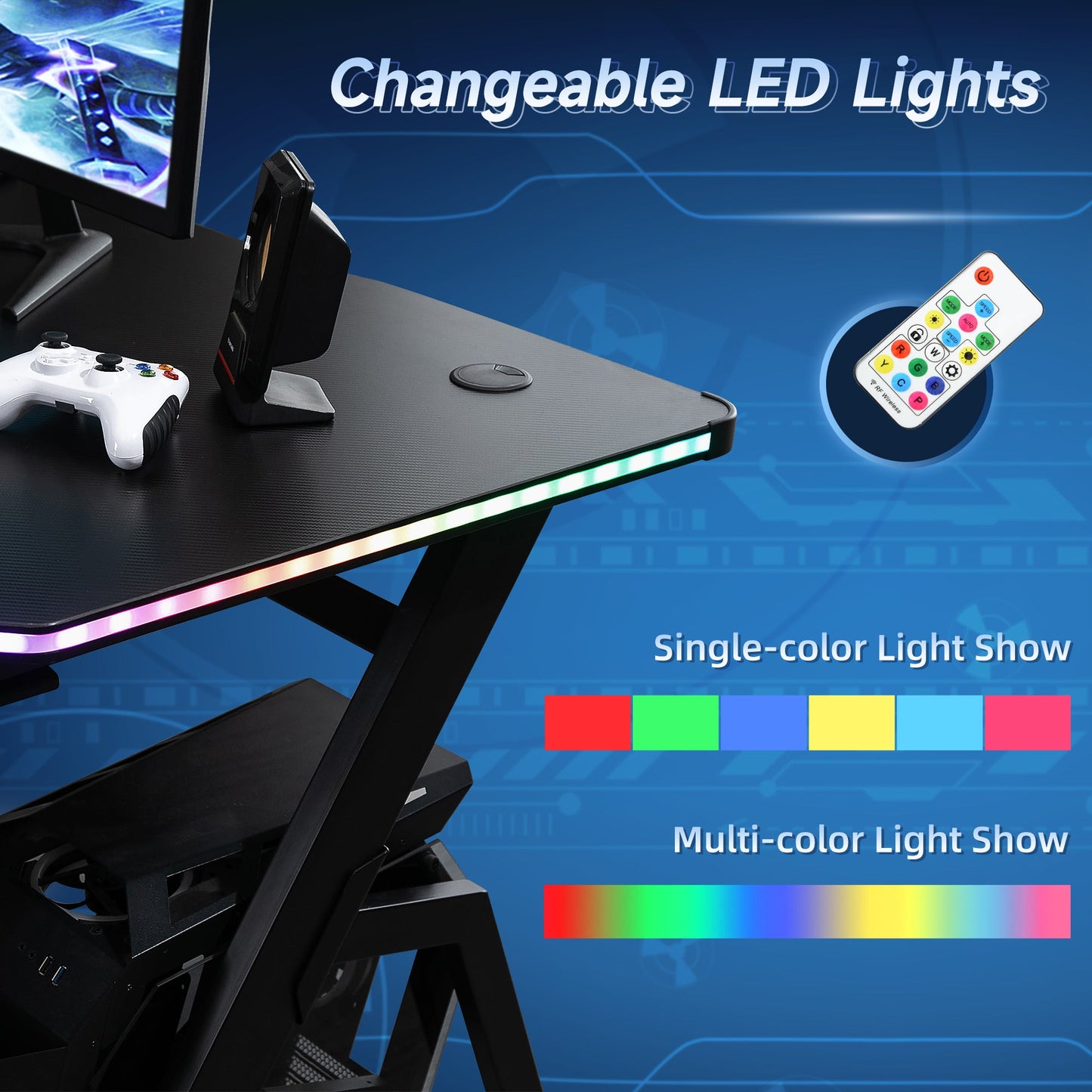 مكتب ألعاب HOMCOM RGB مقاس 120 × 66 سم، طاولة كمبيوتر بسطح من ألياف الكربون، خطاف سماعة رأس، حامل أكواب، رف وحدة تحكم، مكتب منزلي، أسود