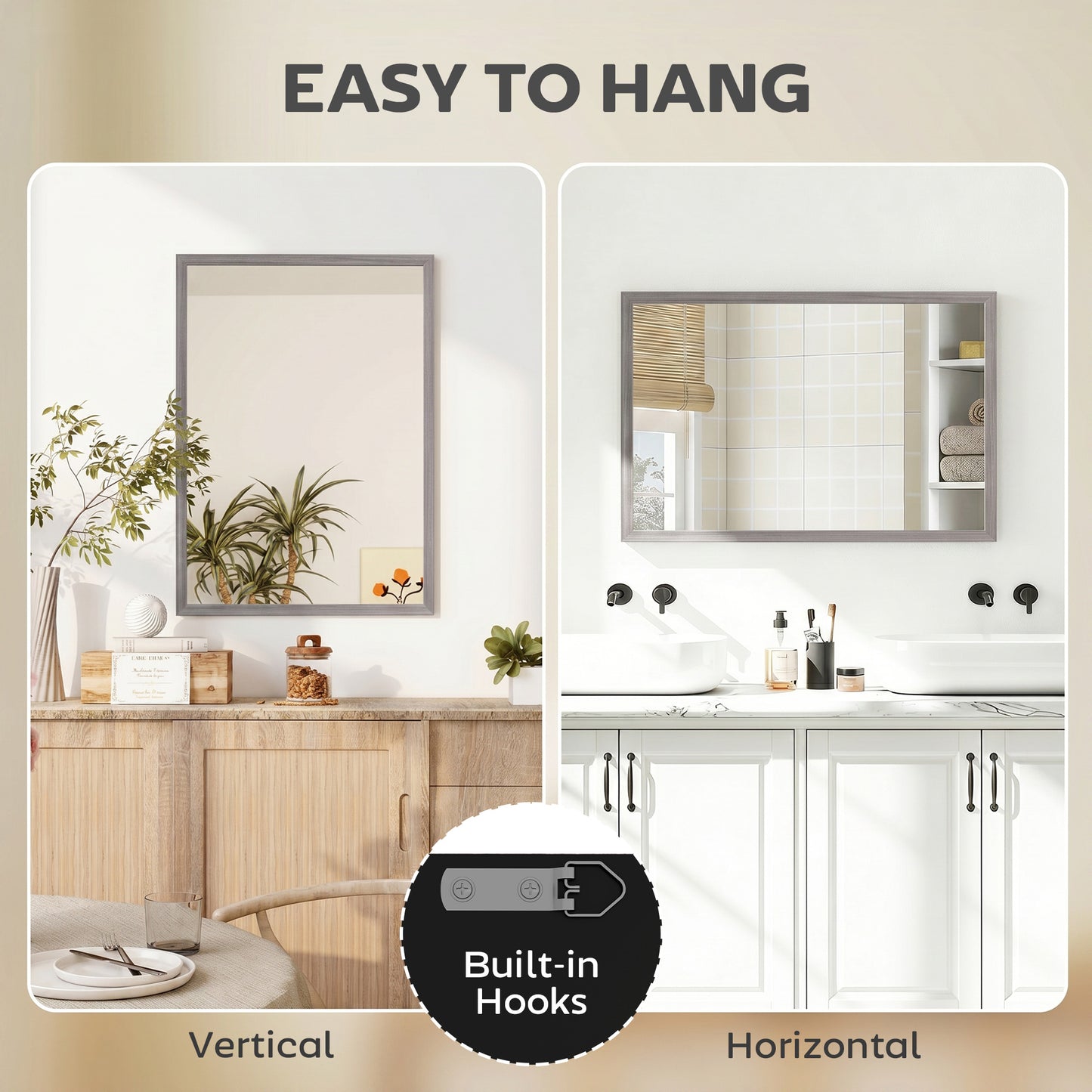 HOMCOM Wall Bathroom Mirror, 50 x 70 cm Wall-Mounted Mirror for Living Room, Bedroom, Hallway, Grey