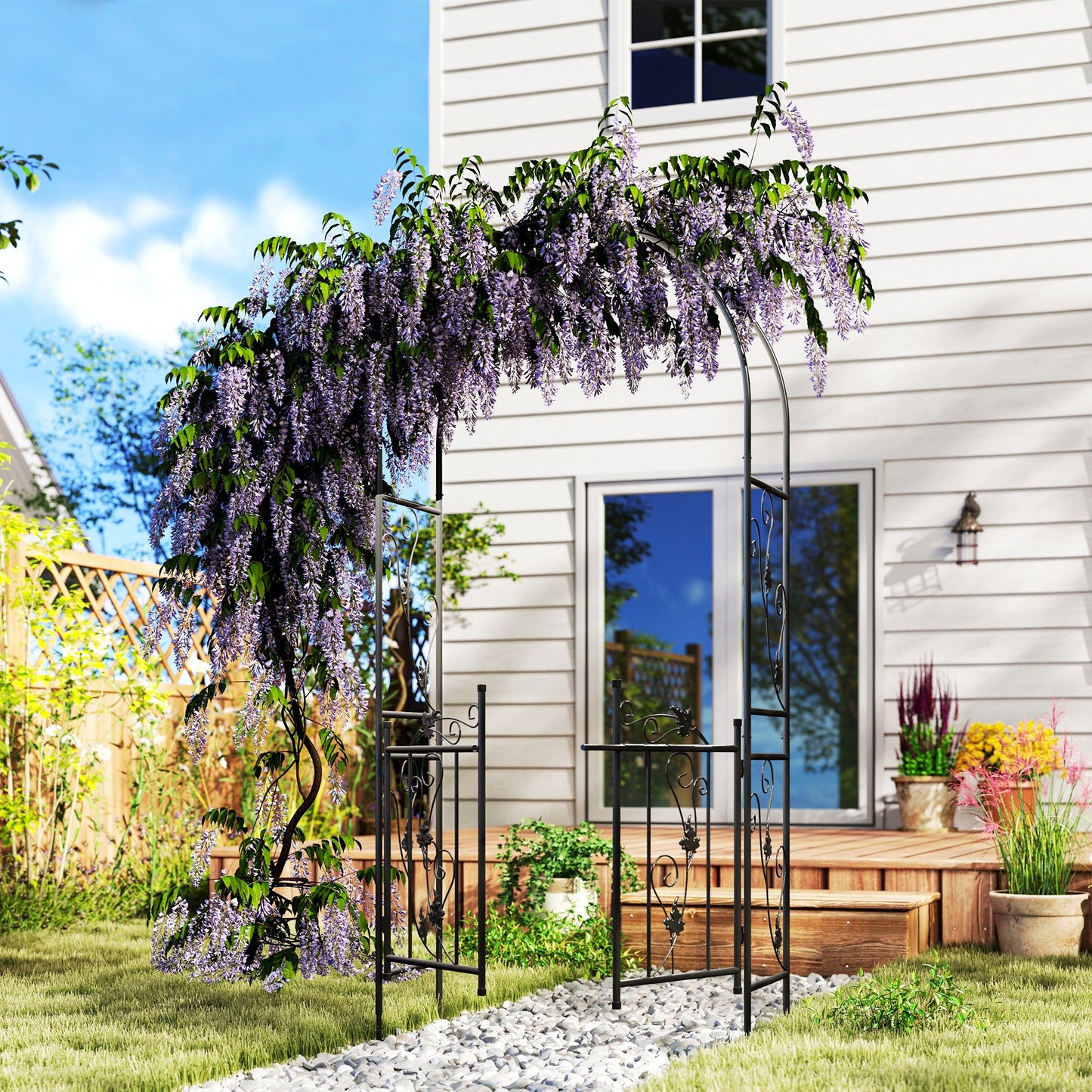 Outsunny 2.17m Steel Garden Arch with Gate, Wedding Arch for Outdoor, Garden, 107W x 45D x 217H cm Black