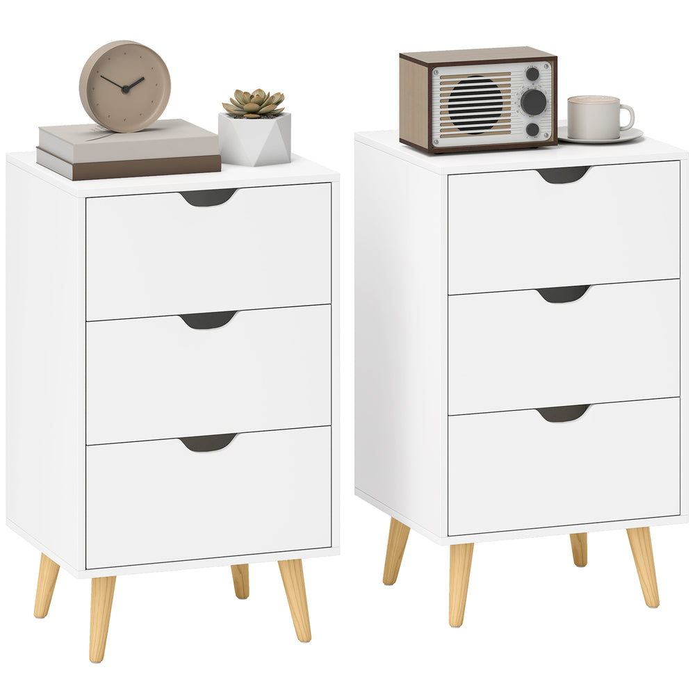HOMCOM Set of 2 Bedside Tables, Modern Nightstand Side End Table with 3 Storage Drawers and Solid Pine Wood Legs for Bedroom Living Room Entryway, White