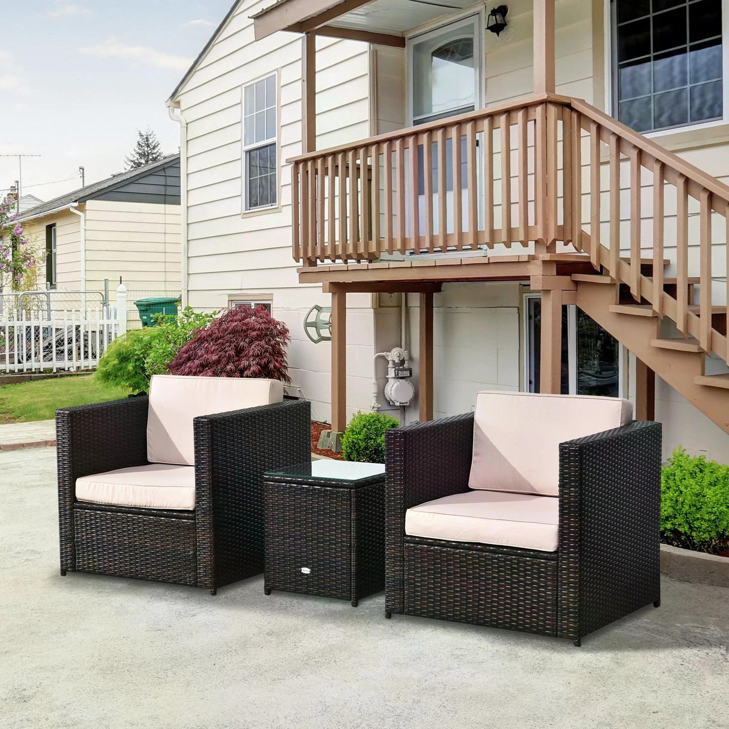 Outsunny 2-Seater Rattan Sofa Furniture Set W/Cushions, Steel Frame-Brown