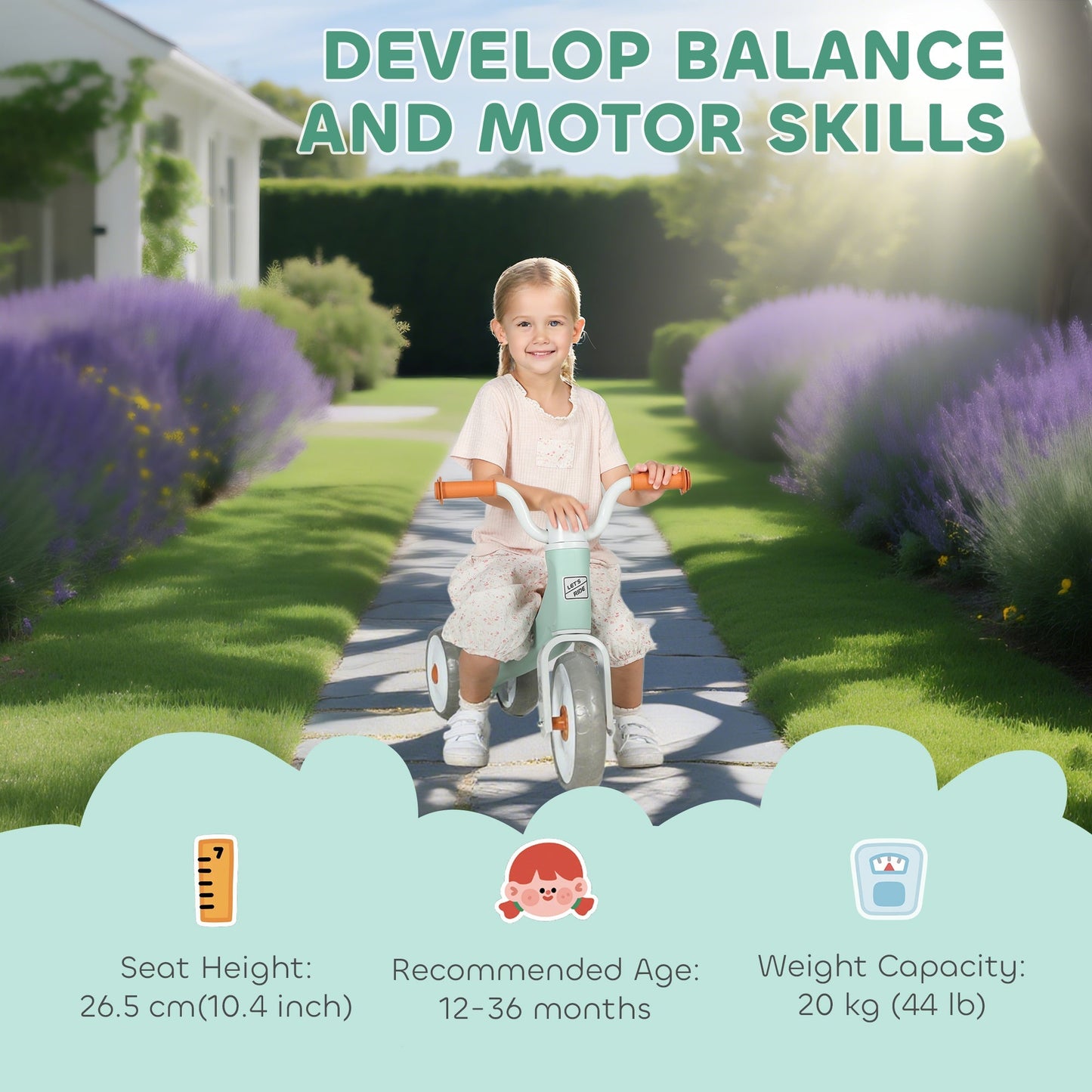 AIYAPLAY Toddler Balance Bike with No Pedal, 3 Silence Wheels for 12-36 Months Boys and Girls, Indoor Outdoor, Green