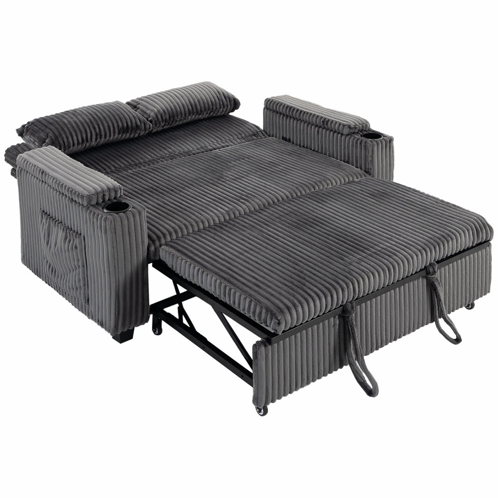 HOMCOM 2 Seater Sofa Bed, Pull Out Sleeper Sofa w/ Adjustable Backrest, Storage Armrests, Cup Holders, Side Pockets, Dark Grey