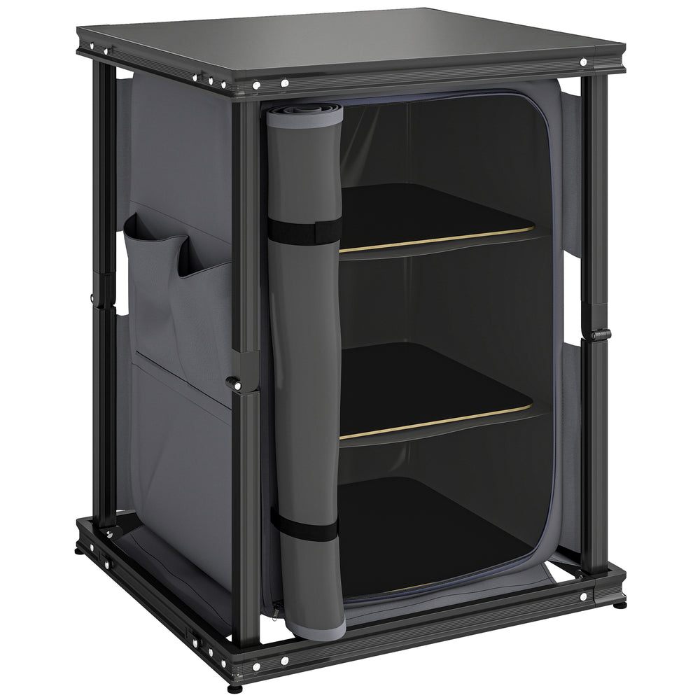 Outsunny Camping Camping Cupboards, Folding Portable Kitchen Table with 3-Tier Storage, Black