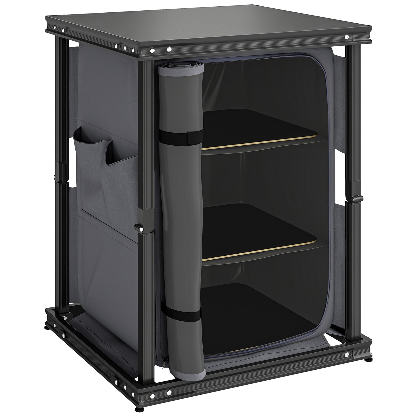 Outsunny Camping Camping Cupboards, Folding Portable Kitchen Table with 3-Tier Storage, Black