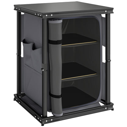 Outsunny Camping Camping Cupboards, Folding Portable Kitchen Table with 3-Tier Storage, Black