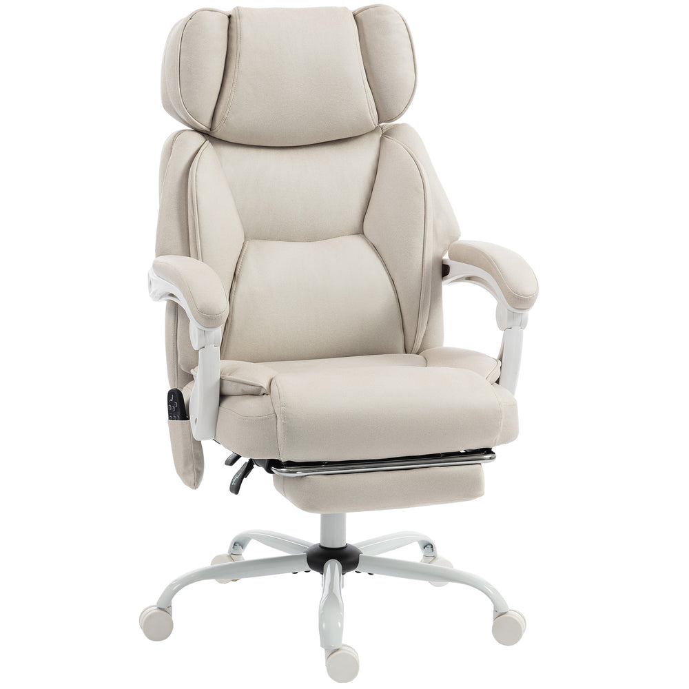 HOMCOM Office Chair with Massage, Heat, Adjustable Headrest, Leathaire‌ Reclining Desk Chair with Footrest, Cream White