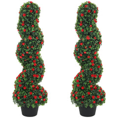 HOMCOM Artificial Rose Spiral Topiary Tree Set of 2, Indoor Outdoor Fake Plants with 630 Leaves, 90cm