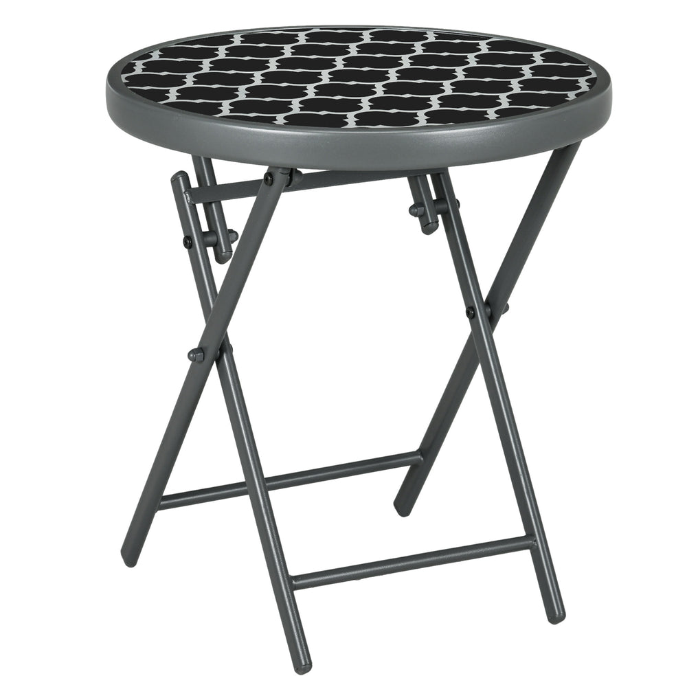 Outsunny a45cm Garden Side Table, Outdoor Round Folding Patio Table with Imitation Marble Glass Top, Small Coffee Table, Black and White