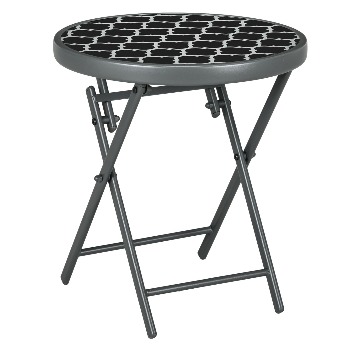 Outsunny a45cm Garden Side Table, Outdoor Round Folding Patio Table with Imitation Marble Glass Top, Small Coffee Table, Black and White