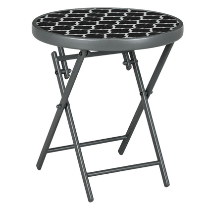 Outsunny a45cm Garden Side Table, Outdoor Round Folding Patio Table with Imitation Marble Glass Top, Small Coffee Table, Black and White
