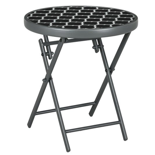 Outsunny a45cm Garden Side Table, Outdoor Round Folding Patio Table with Imitation Marble Glass Top, Small Coffee Table, Black and White