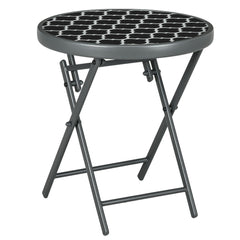 Outsunny a45cm Garden Side Table, Outdoor Round Folding Patio Table with Imitation Marble Glass Top, Small Coffee Table, Black and White