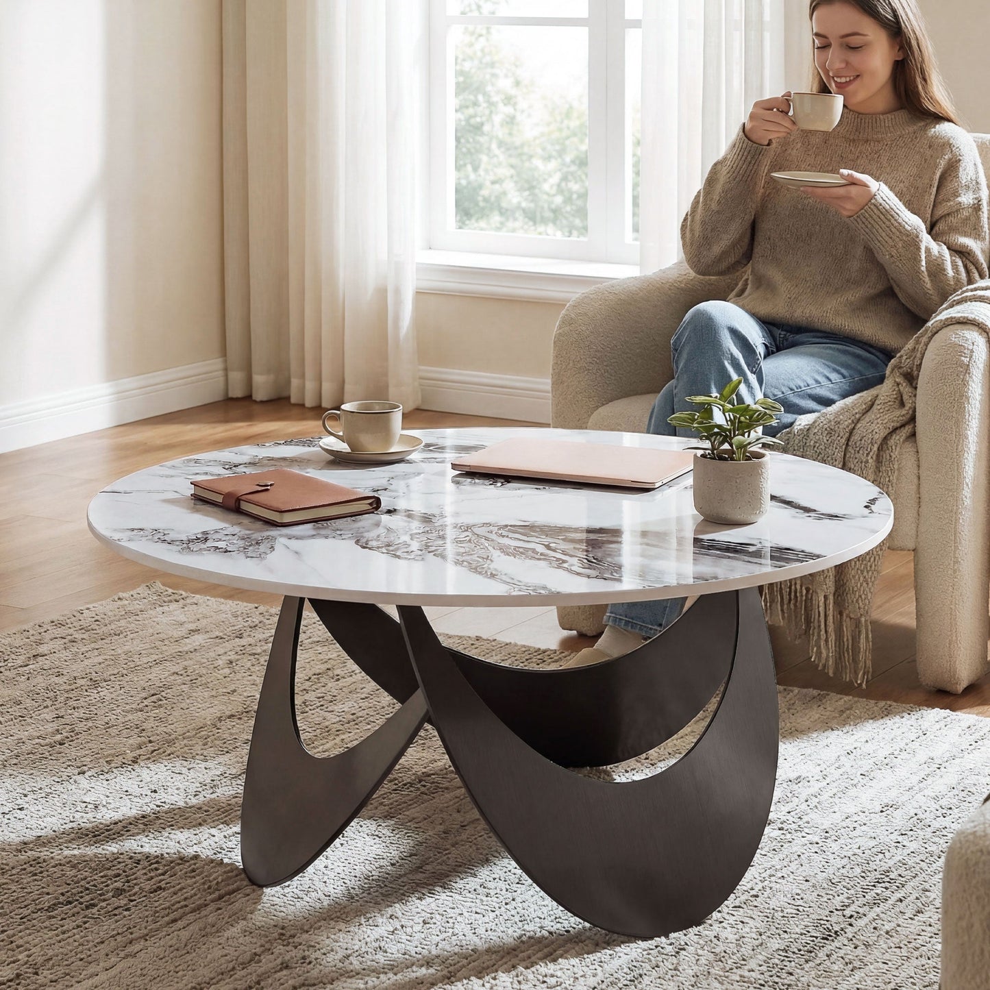 HOMCOM Coffee Table Sintered Stone Top Adjustable Foot Pads Modern Center Table for Living Room White and Black