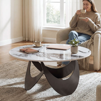 HOMCOM Coffee Table Sintered Stone Top Adjustable Foot Pads Modern Center Table for Living Room White and Black