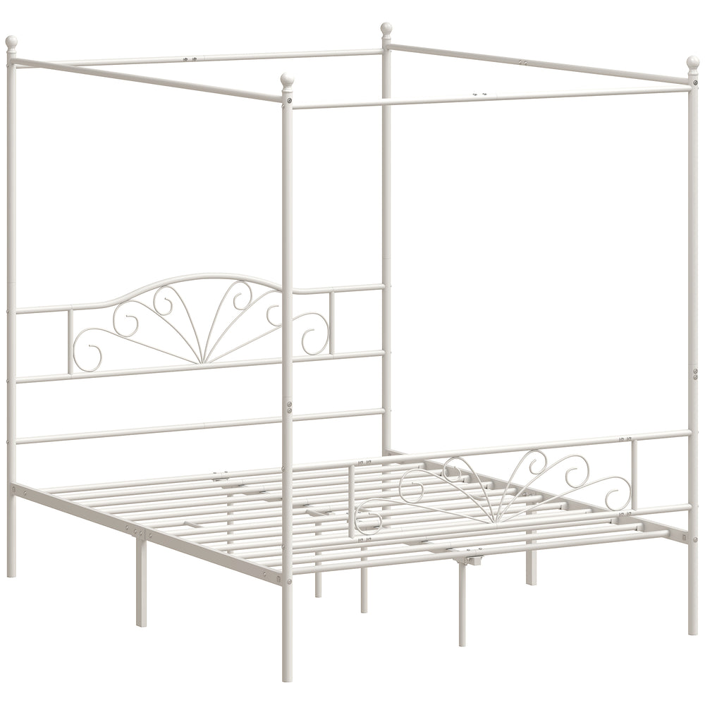 HOMCOM Canopy Bed Frame King Size, Metal Platform Bed Frame with Headboard and Footboard, Underbed Storage, White