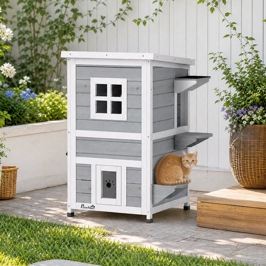 PawHut Wooden Cat House 2-Floor Outdoor Kitten Shelter with 3 Doors and Window Grey