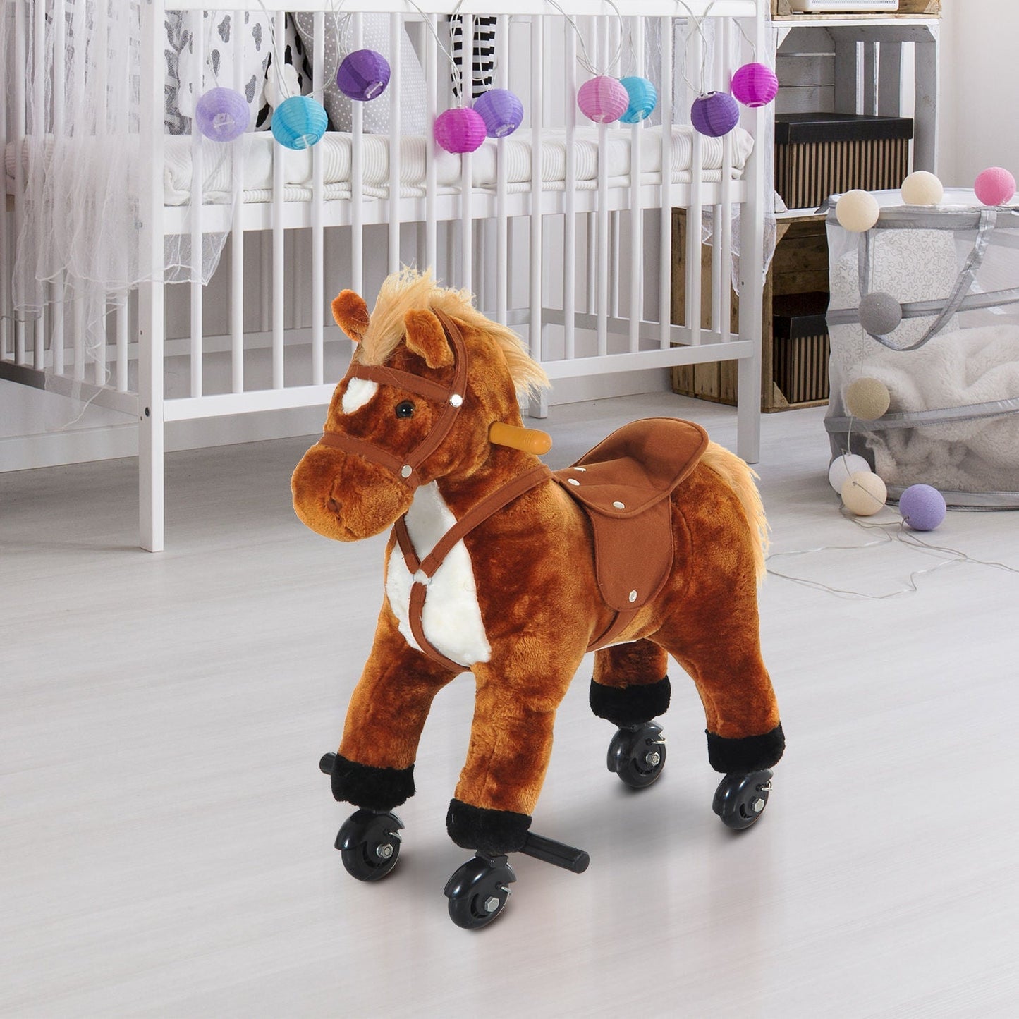 HOMCOM Rocking Horse Kids Ride on Walking Horse Animal Pony Wheeled Riding Plush Toy w/Sound for 2 Years and Up (Brown)