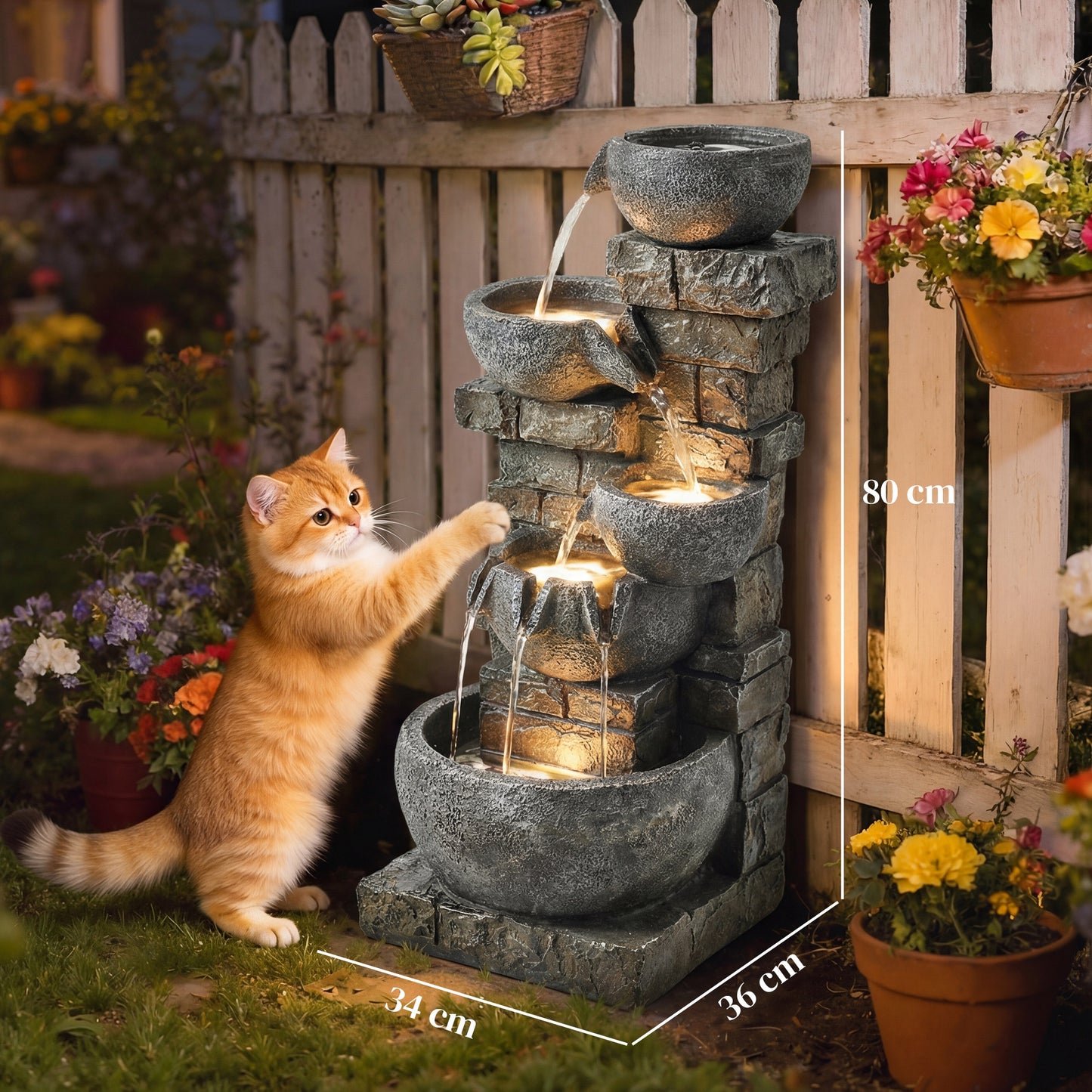 Outsunny Outdoor Water Fountain with LED Lights, 80cm Tall 5 Tiers Cascading Water Feature for Garden Patio Home Decor, Mixed