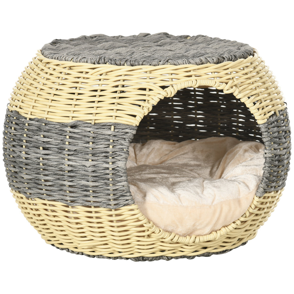 PawHut Wicker Cat House, Rattan Raised Cat Bed, Cosy Kitten Cave with Soft Washable Cushion, a40 x 30cm