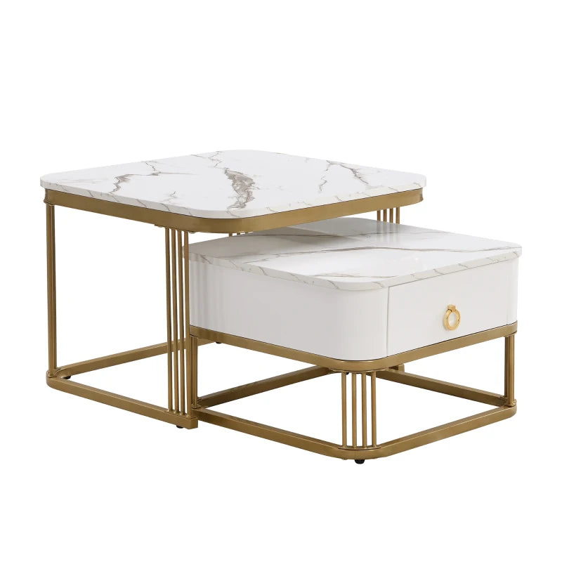 Nestable Coffee Table Set of Two with High Gloss Marble Top, Gold Accents, and Drawer, Perfect Side Tables for Living Room, 60x60x45 cm + 50x50x34 cm, White