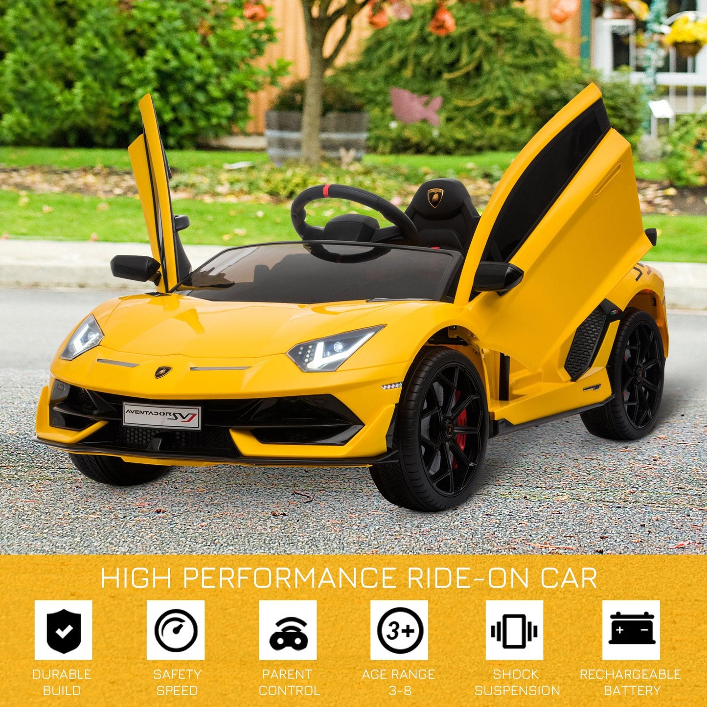 12V Battery-powered Kids Electric Ride On Car Lamborghini Aventador Sports Racing Car Toy with Parental Remote Control Lights Yellow