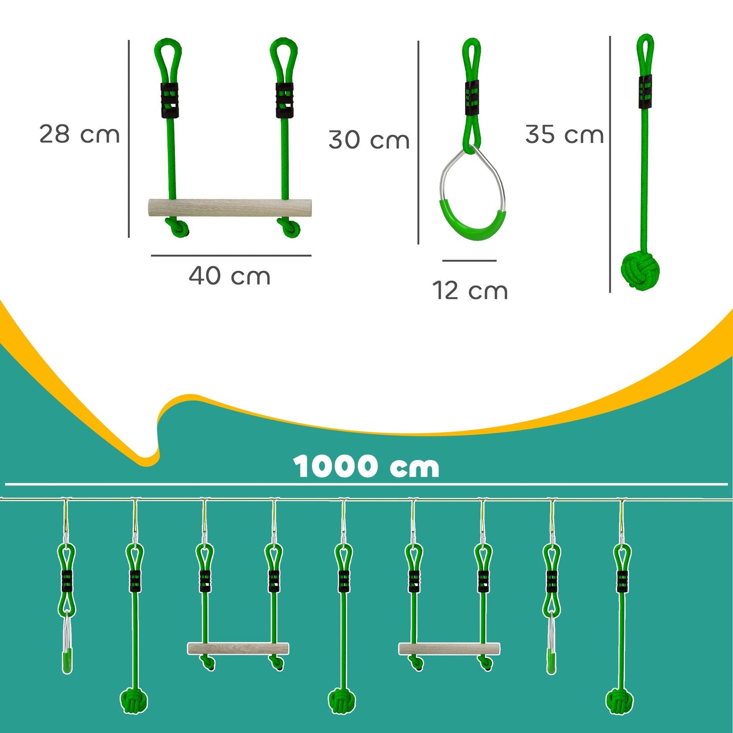 AIYAPLAY 7-Piece Kids Zip Line Kit for Garden, 10m Kids Slackline Kit with Wooden Monkey Bars, Metal Rings, Gripping Balls, Green