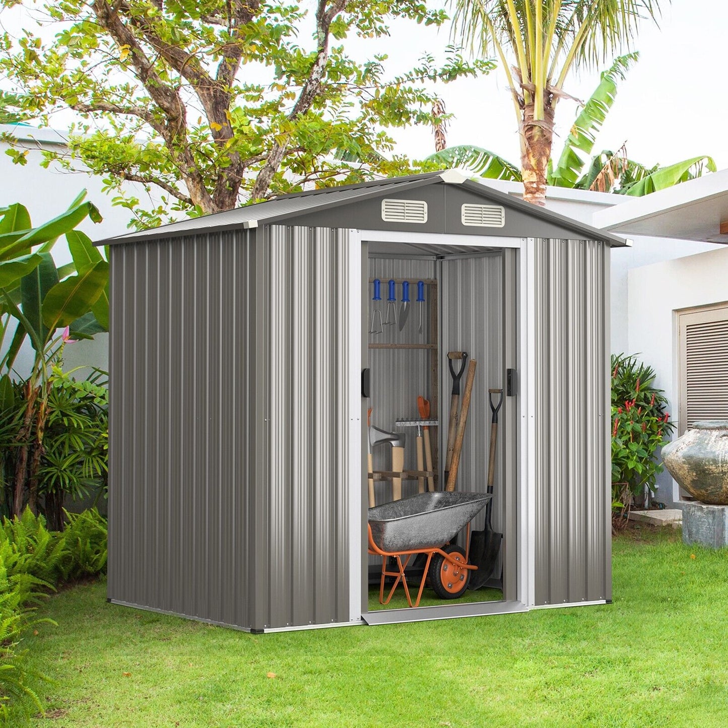 6 x 4 Feet Outdoor Metal Storage Shed with Ventilation Sliding Doors-Light Grey