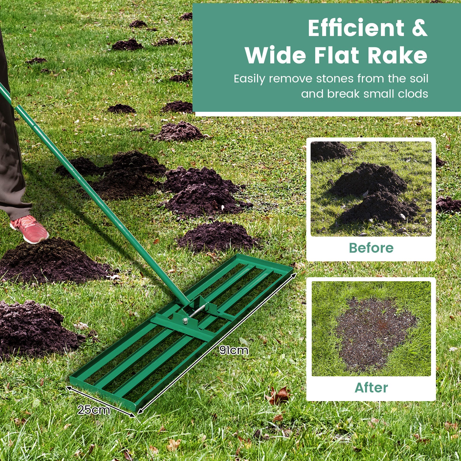 75/91/106 x 25cm Lawn Leveling Rak with Ergonomic Handle-91 x 25 cm