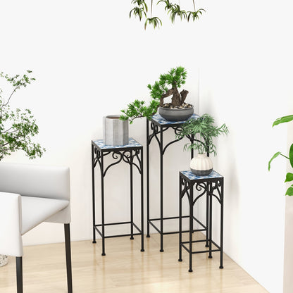 Metal Plant Stand Set of 3 with Mosaic Tile-Blue