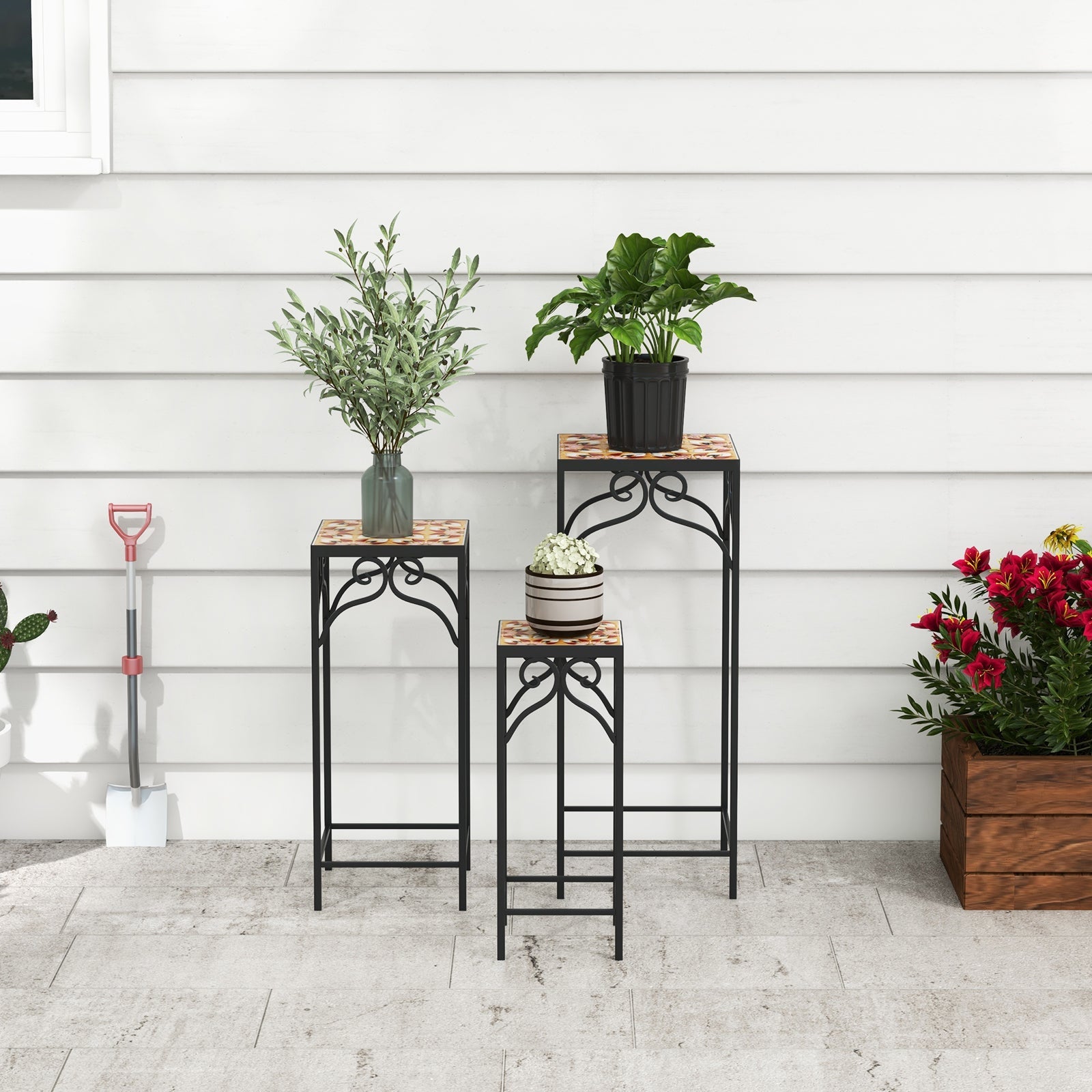Metal Plant Stand Set of 3 with Mosaic Tile-Yellow