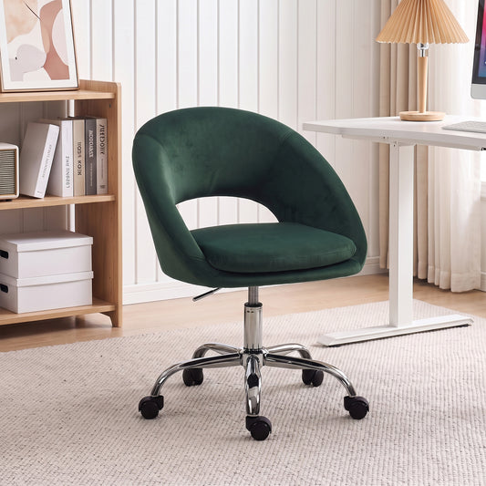 HOMCOM Velvet Desk Chair, Modern Office Chair with Height-Adjustable, Wheels, for Home Study Bedroom, Dark Green