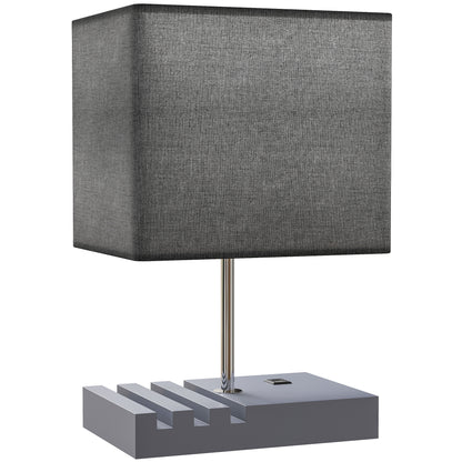 HOMCOM Bedside Lamp with USB A+C Charging Ports and 3 Phone Stands, Modern Table Lamp with Solid Wood Base and Fabric Shade for Bedroom Living Room Office, E27 Socket, Bulb Not Included, Grey
