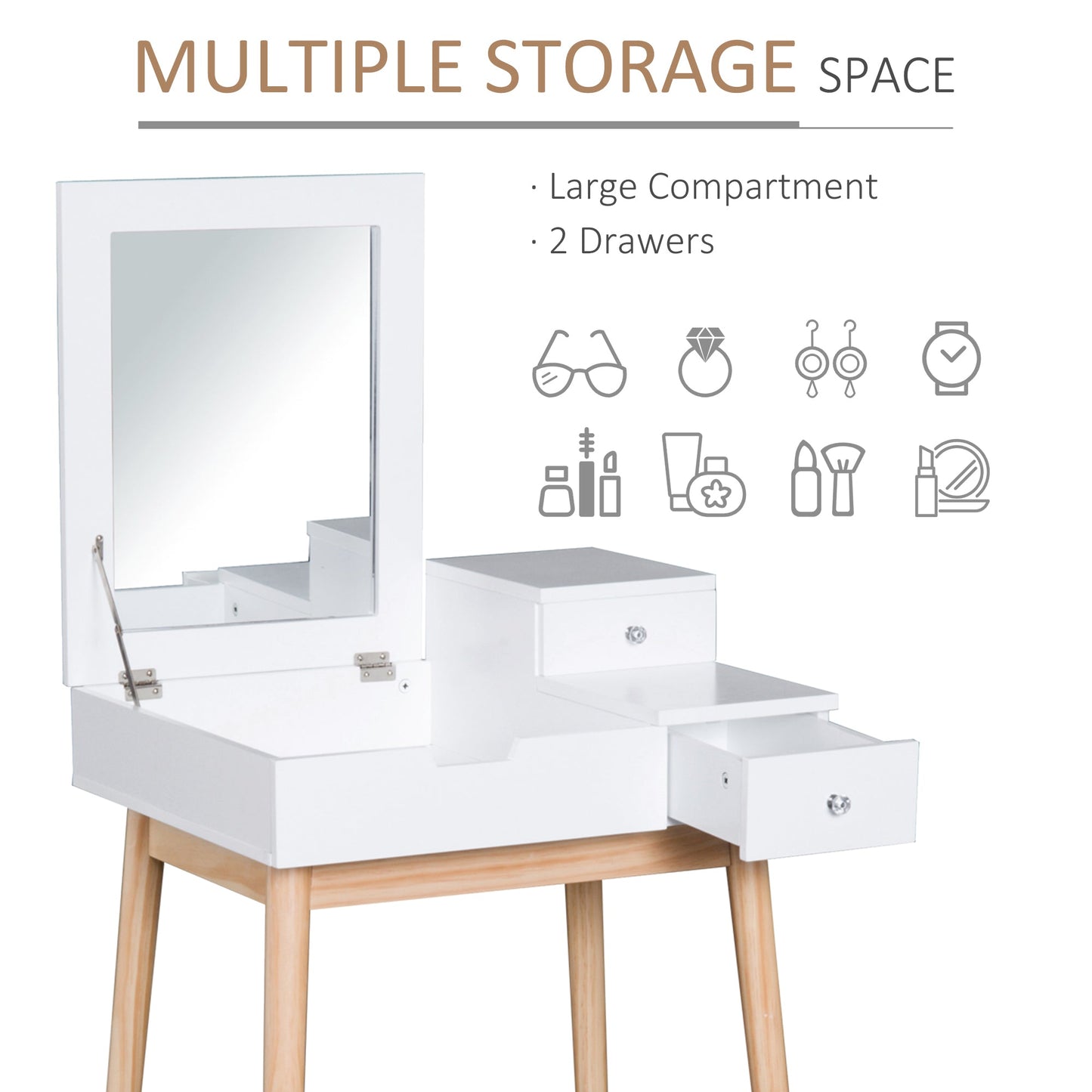 HOMCOM MDF,Pine Dressing Table Desk Flip-up Mirror Multi-purpose 2 Drawers Modern - White