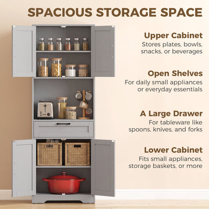 HOMCOM 170 cm Tall Kitchen Pantry with Adjustable Shelves, Freestanding Storage Cabinet with Open Shelf, Grey