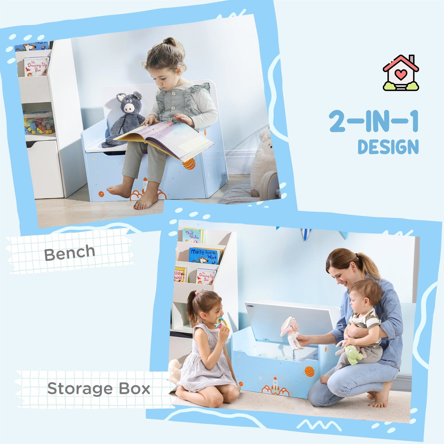 ZONEKIZ 3PCs Kids Bedroom Furniture Set with Bed, Toy Box Bench, Storage Unit with Baskets, Space Themed, for 3-6 Years Old, Blue