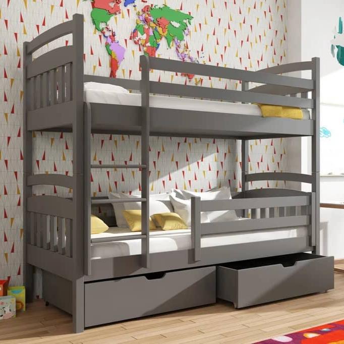 Gray bunk bed with storage drawers in a room with colorful world map wallpaper.