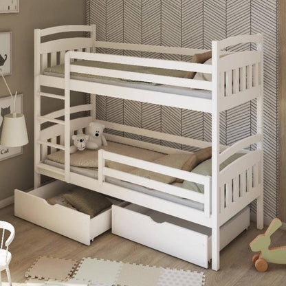 White bunk bed with drawers in a child's room with patterned wallpaper.