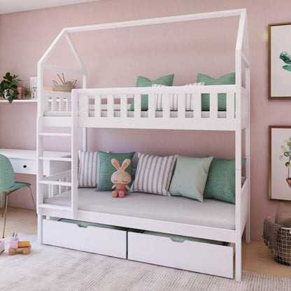 White children's bunk bed with cushions and a toy in a room with pink walls.