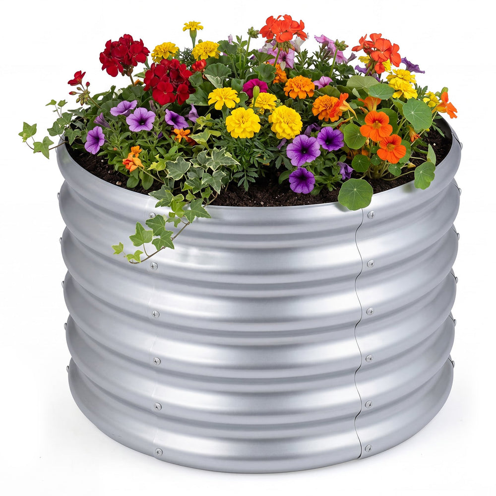 Galvanized Raised Garden Bed Round Outdoor Planter Box with Open-Ended Base-Silver