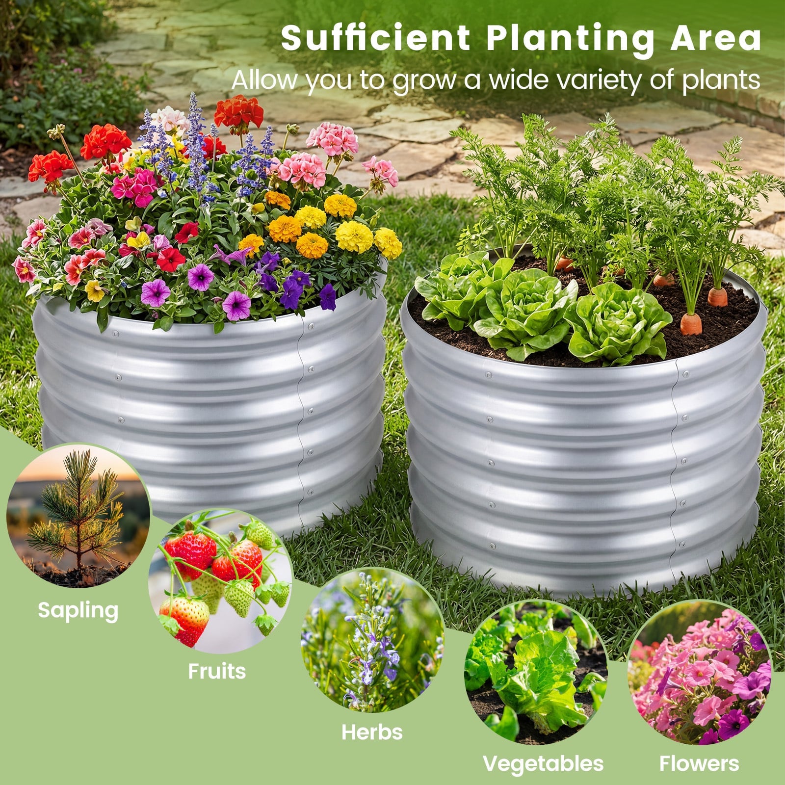 Galvanized Raised Garden Bed Round Outdoor Planter Box with Open-Ended Base-Silver