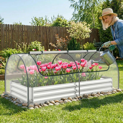 Galvanized Raised Garden Bed with Cover and 2 Roll-up Doors