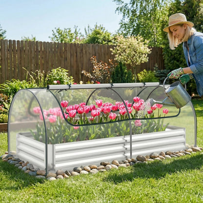 Galvanized Raised Garden Bed with Cover and 2 Roll-up Doors