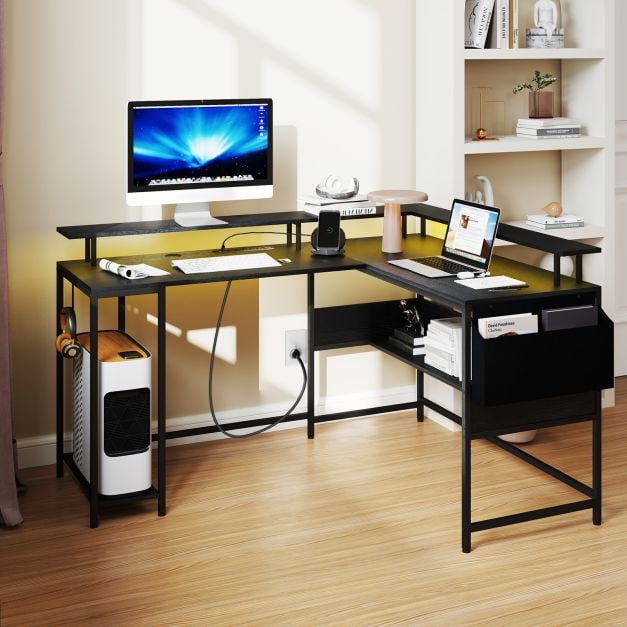 L-Shaped Gaming Desk with LED Lights and Power Outlets-Black