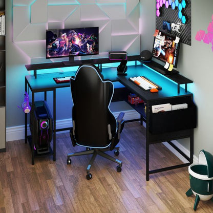 L-Shaped Gaming Desk with LED Lights and Power Outlets-Black